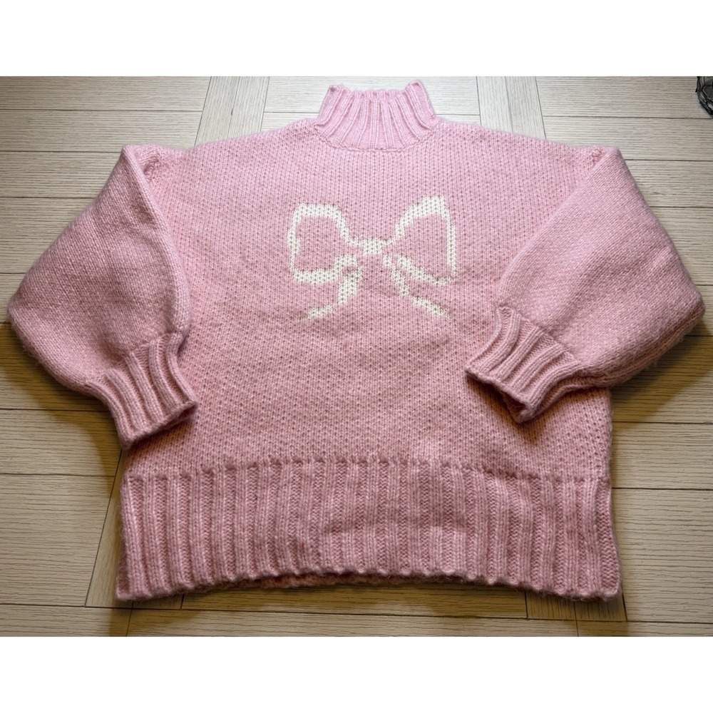 Lisa Says Gah Ballet Pink Bow Chunky Knit LS Sweater Anthropologie XS/S Coquette